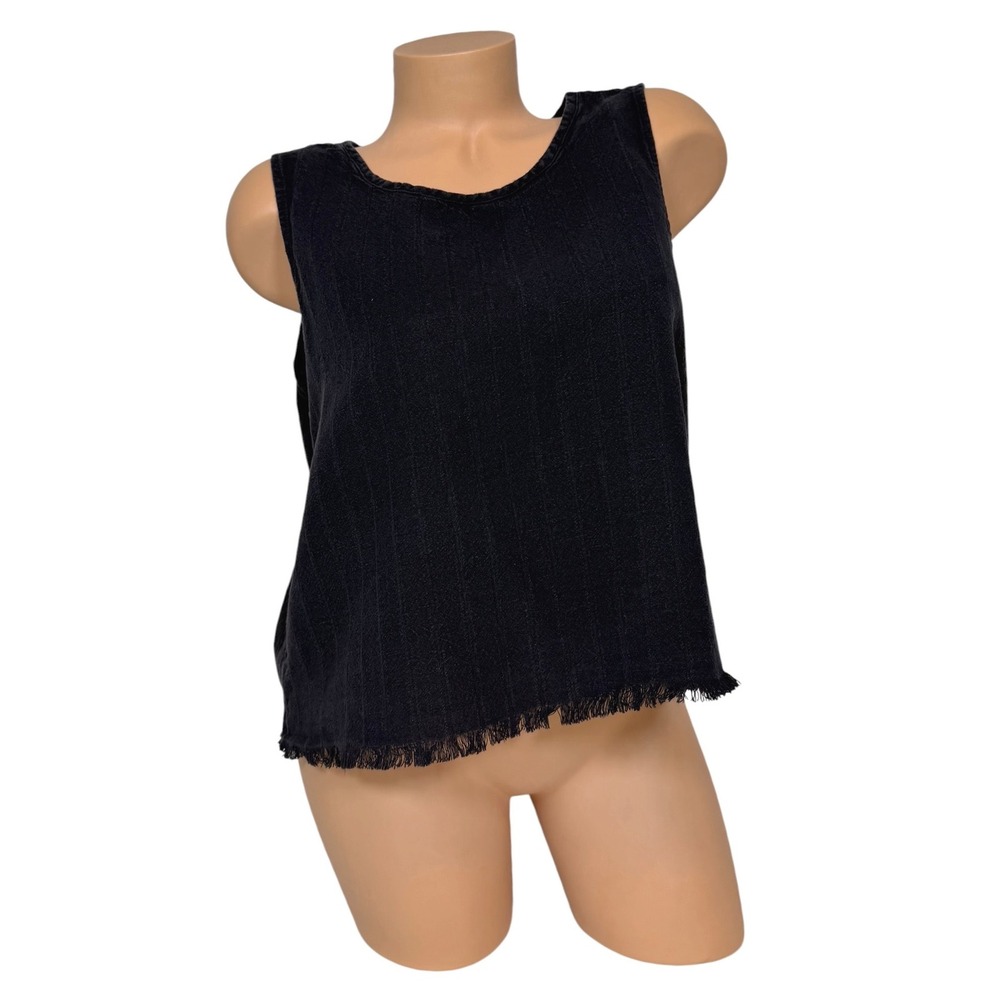 Flax Womens Large Black Linen Cotton Textured Stripe Fringe Hem Tank Top VTG 90s